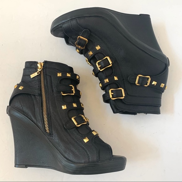 UES Shoes - UES Black Leather Gold Accents Wedge Bootie